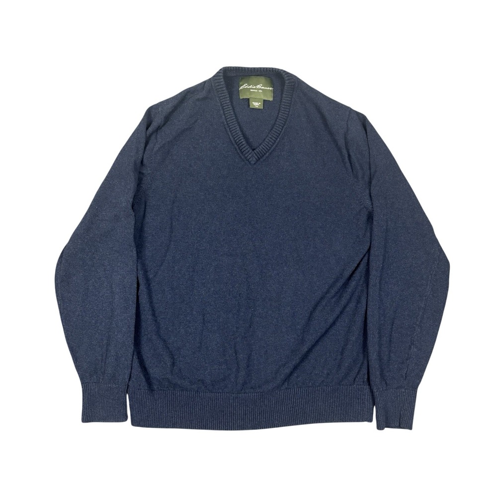 Eddie Bauer Sweater Mens TXL Dark Navy Blue Knit V-Neck Cotton Cashmere Preppy